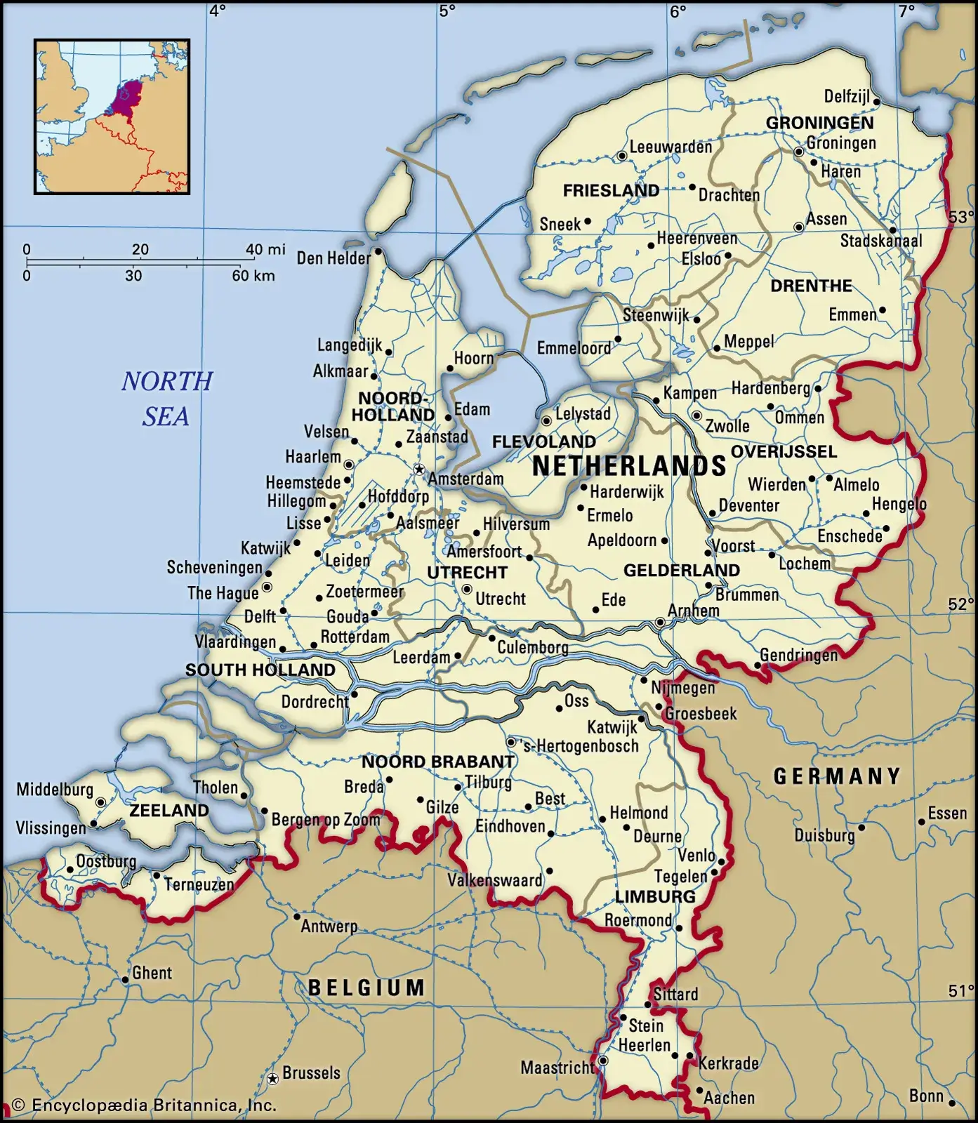 Netherlands boundaries map with cities
