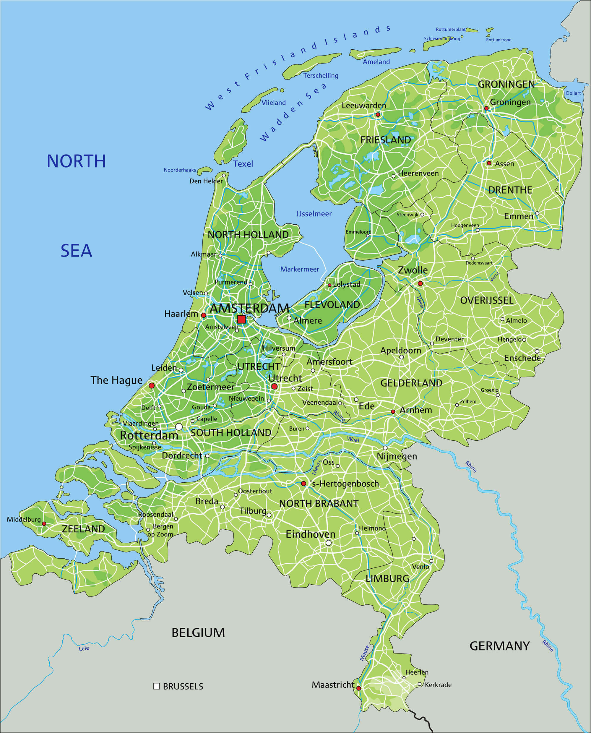 Netherlands cities physical map