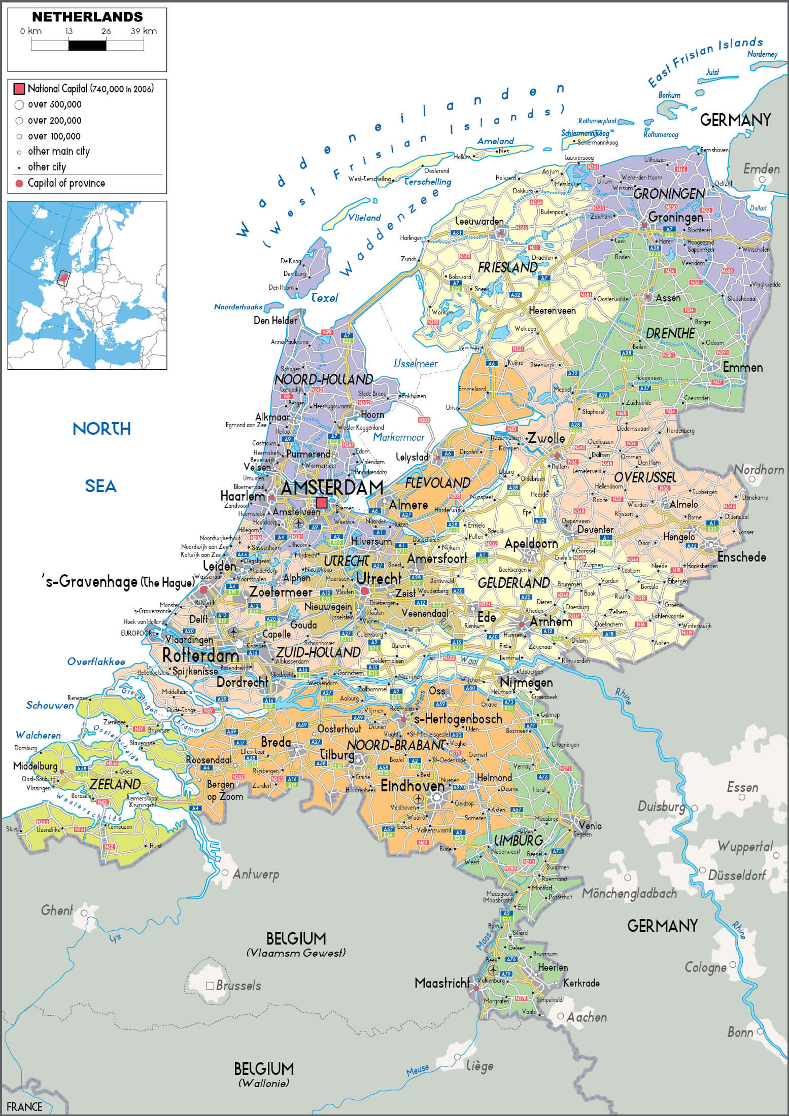 Netherlands political map with cities and provinces