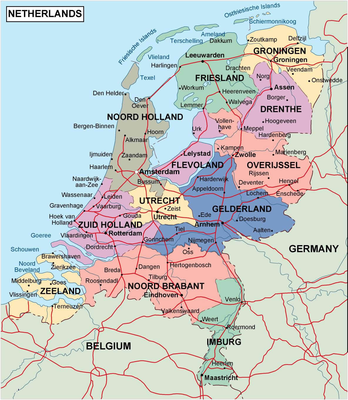 Netherlands political map with cities