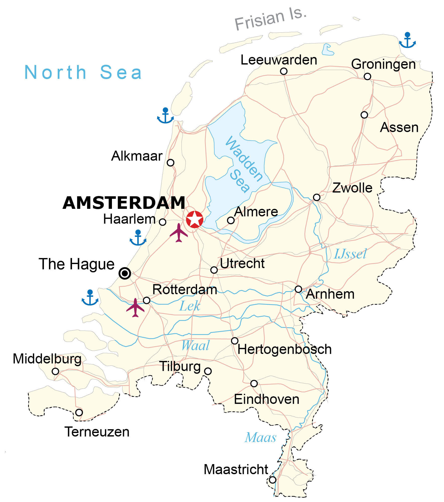 Netherlands main cities and airports map