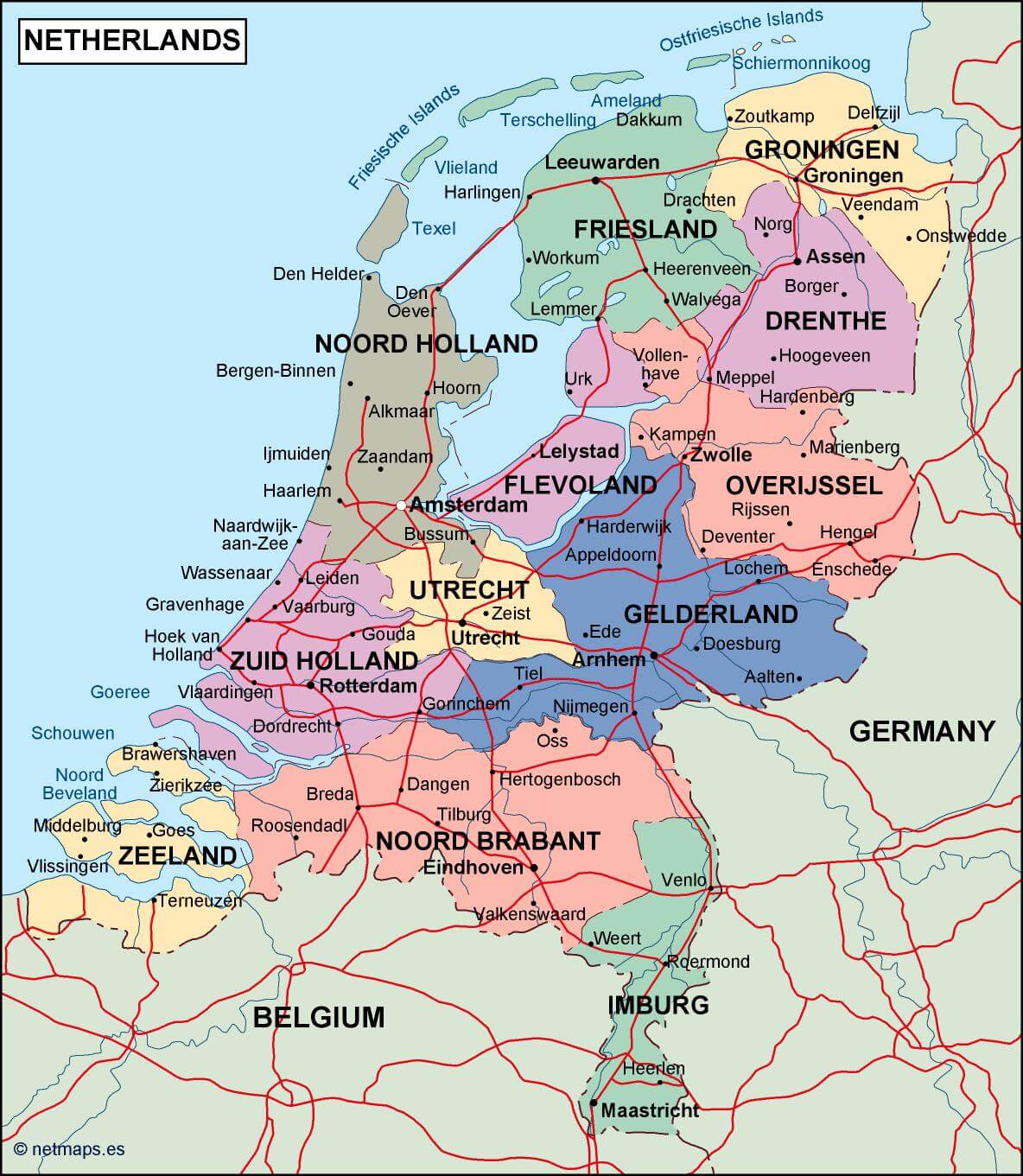 Netherlands political map with regions