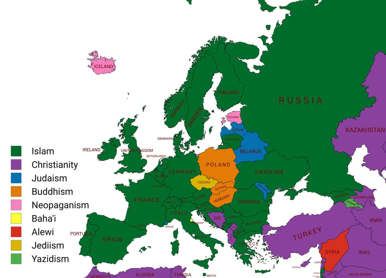 Religion map in Europe and neighbouring