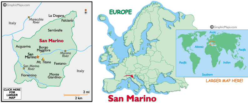 Map showing San Marino's location in Europe and local geography