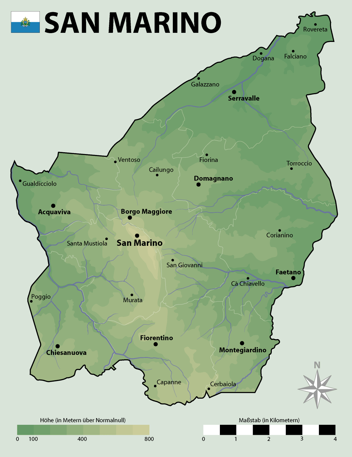 San Marino map with towns, regions, rivers, and elevation levels
