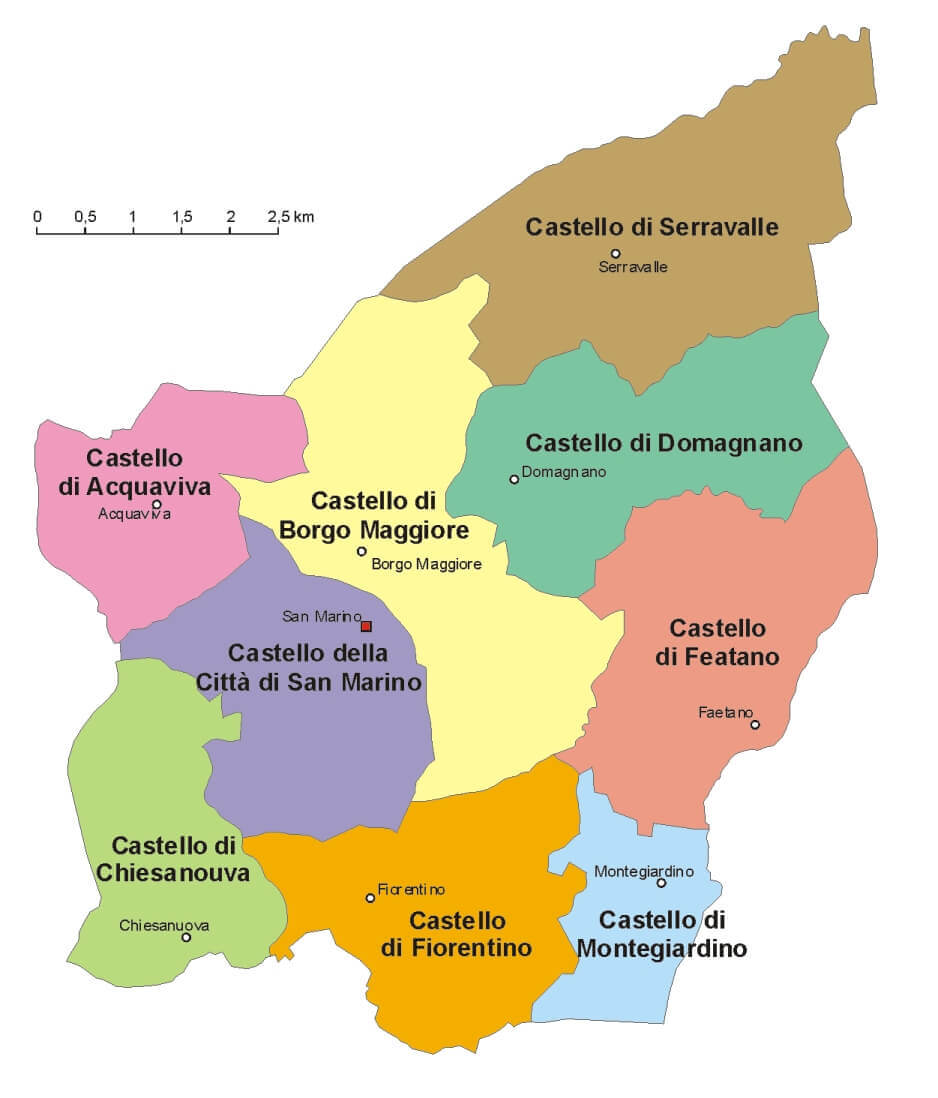 San Marino map showing Castelli divisions with labeled towns