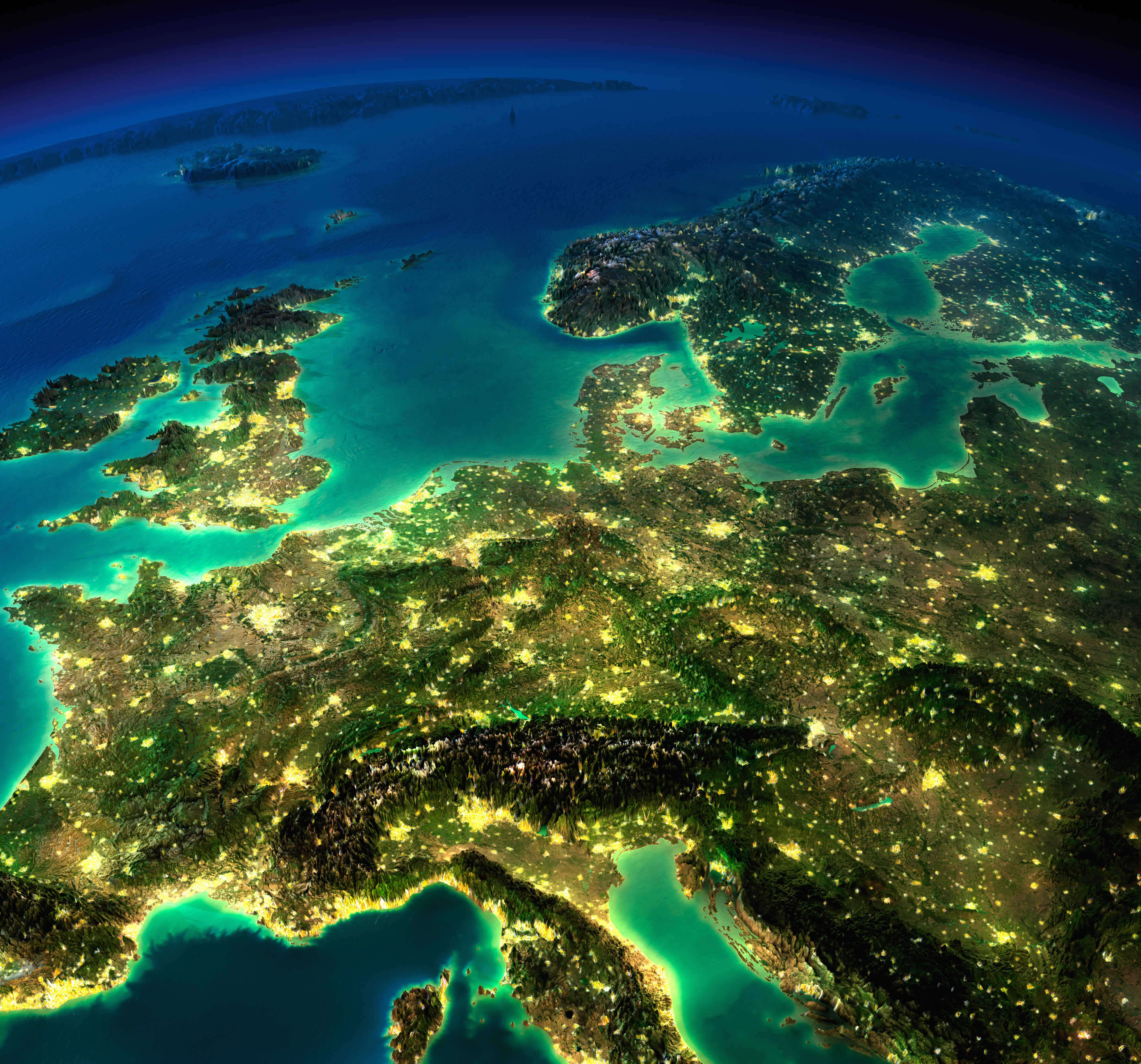Europe France Germany satellite map in the night