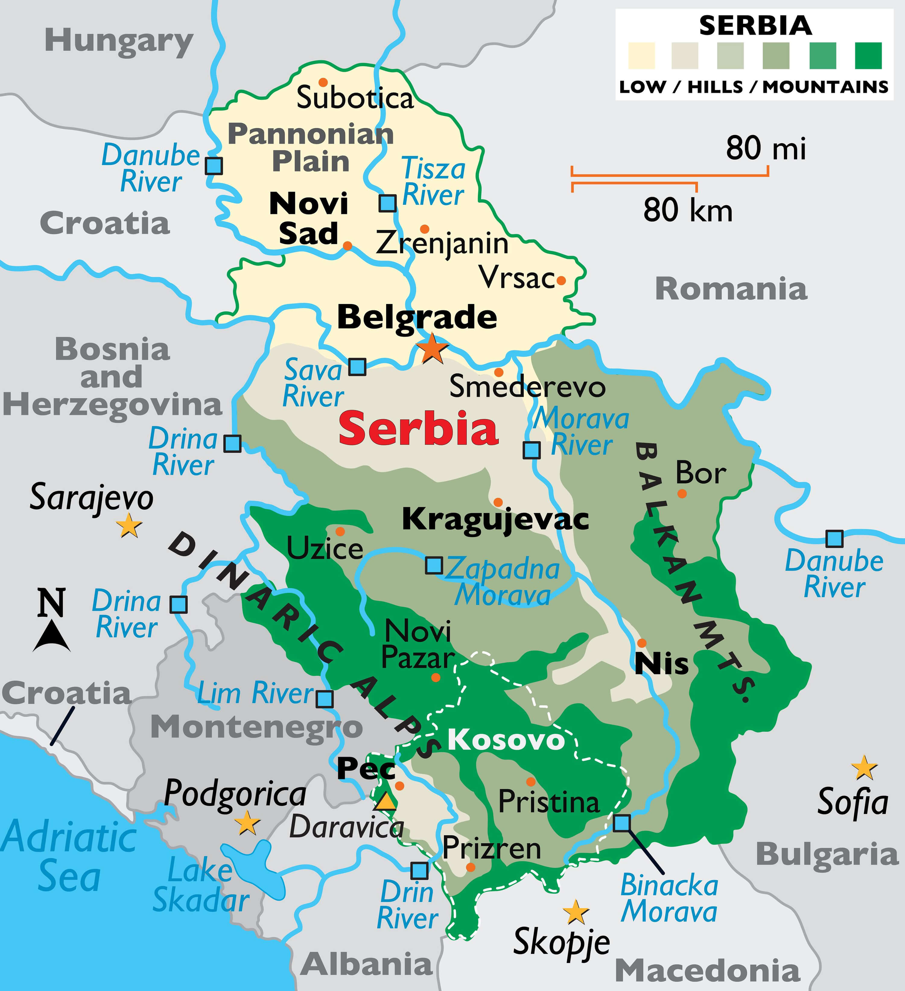 Map of Serbia with Rivers and Lakes