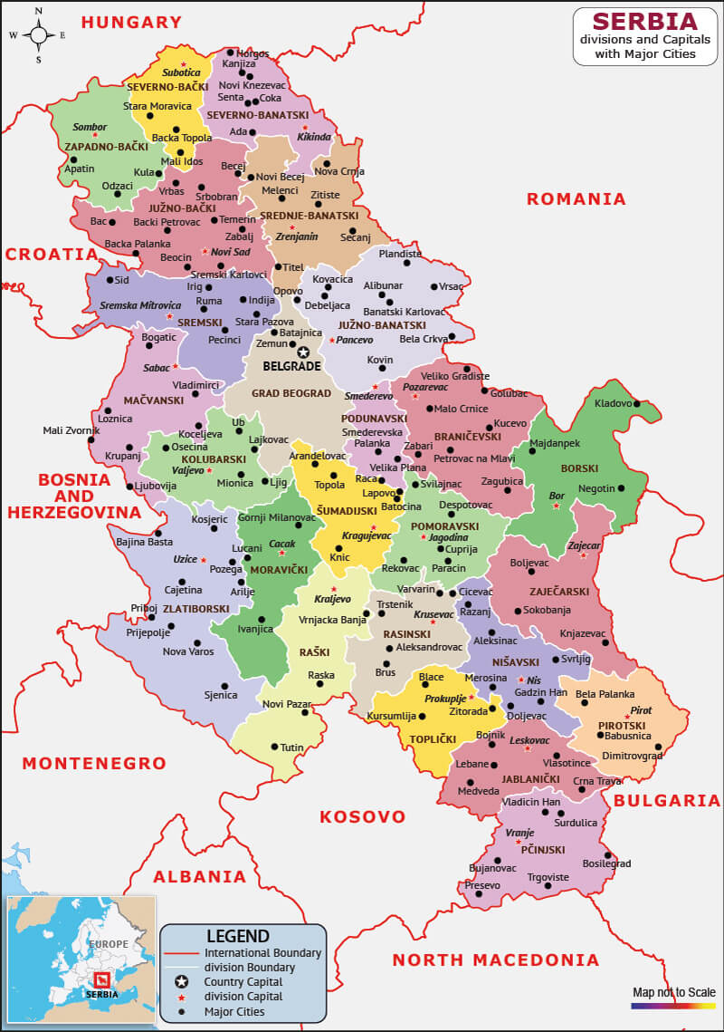 Serbia Districts Major Cities Map