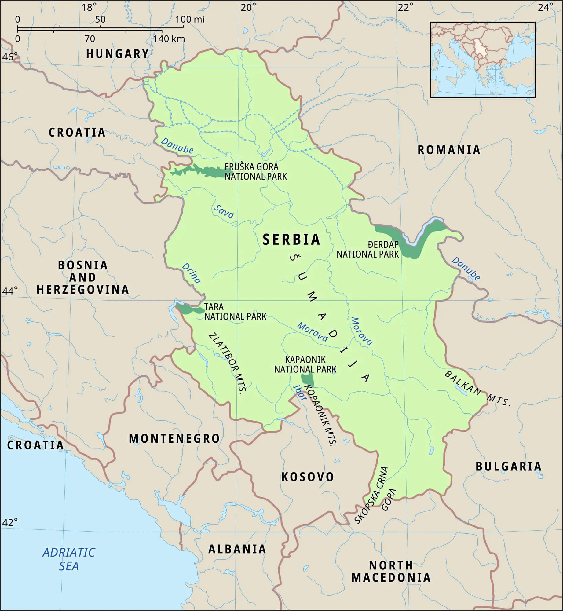 Serbia Rivers National Parks Map