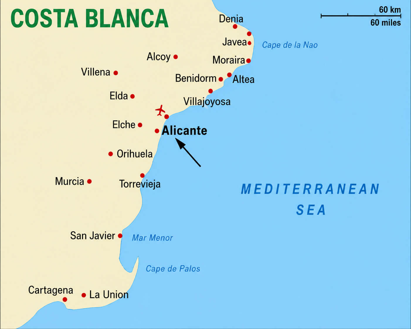 Alicante districts map with airport