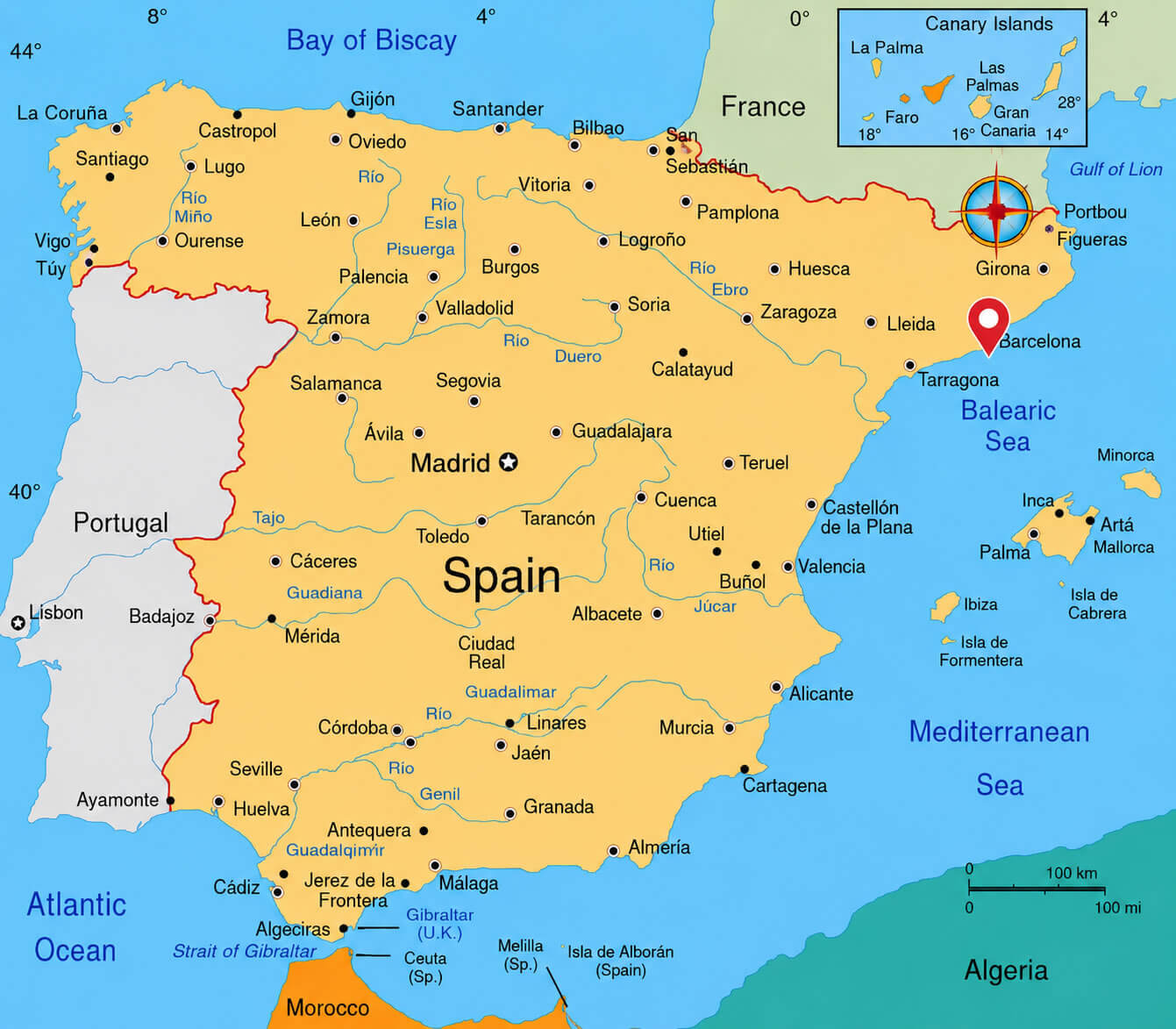 Barcelona on Spain map