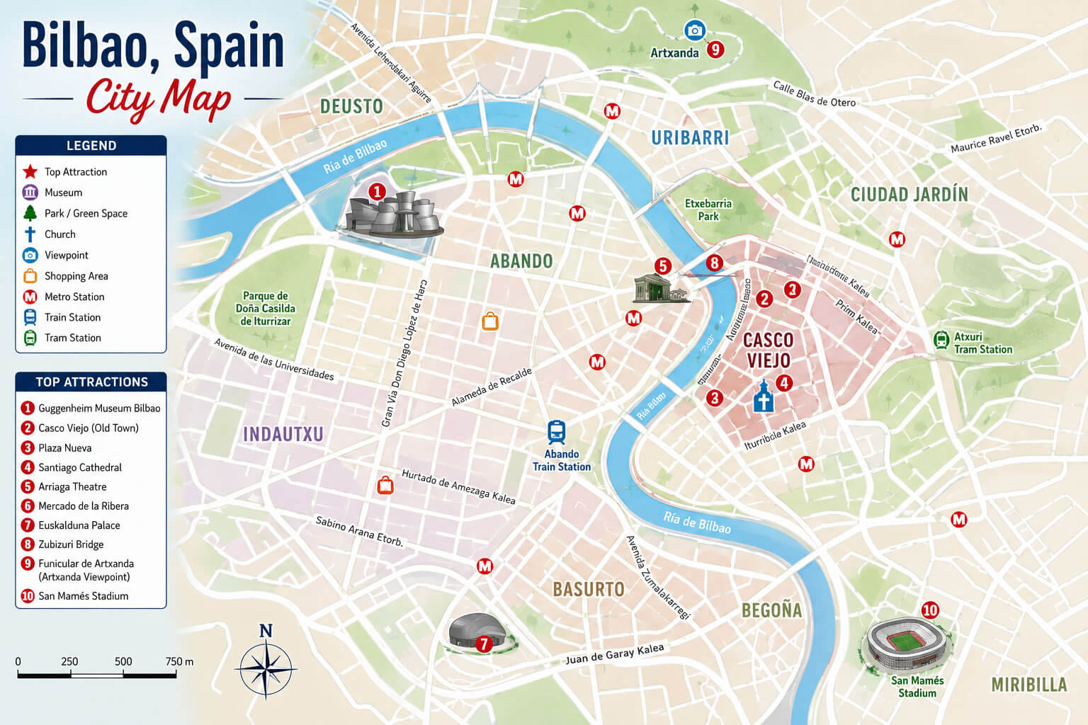 Bilbao landmarks map