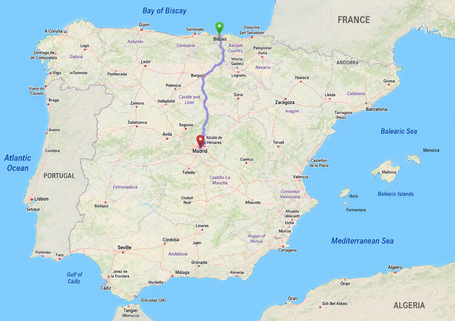 Bilbao madrid drive direction and Spain map