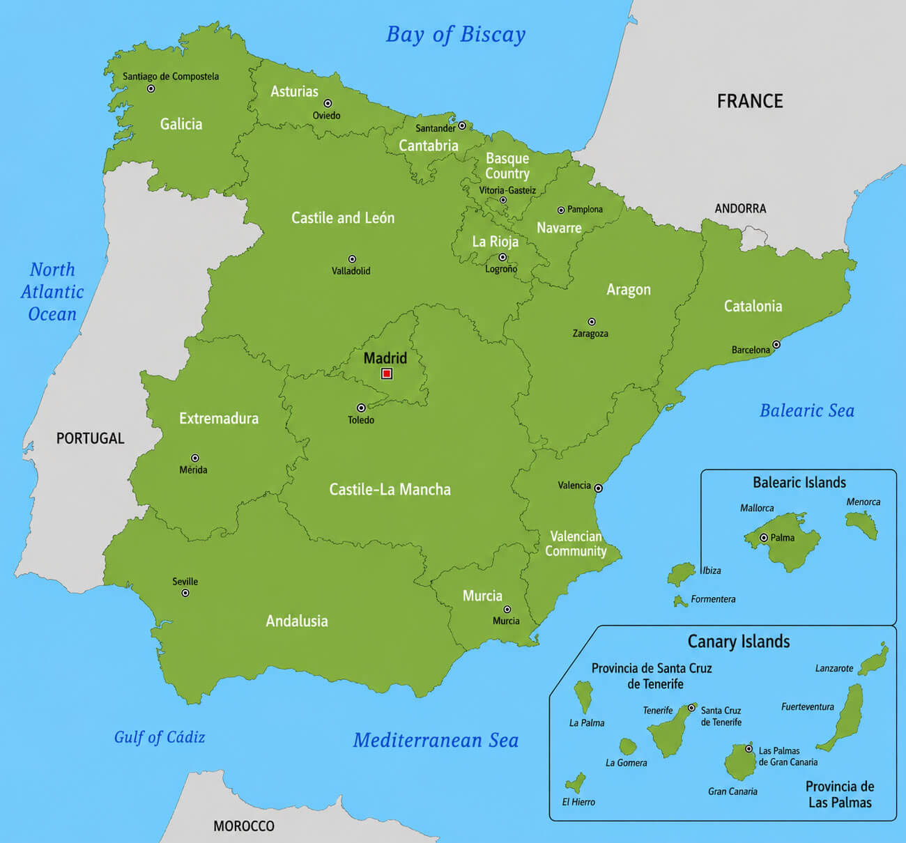 Spain administrative map with cities