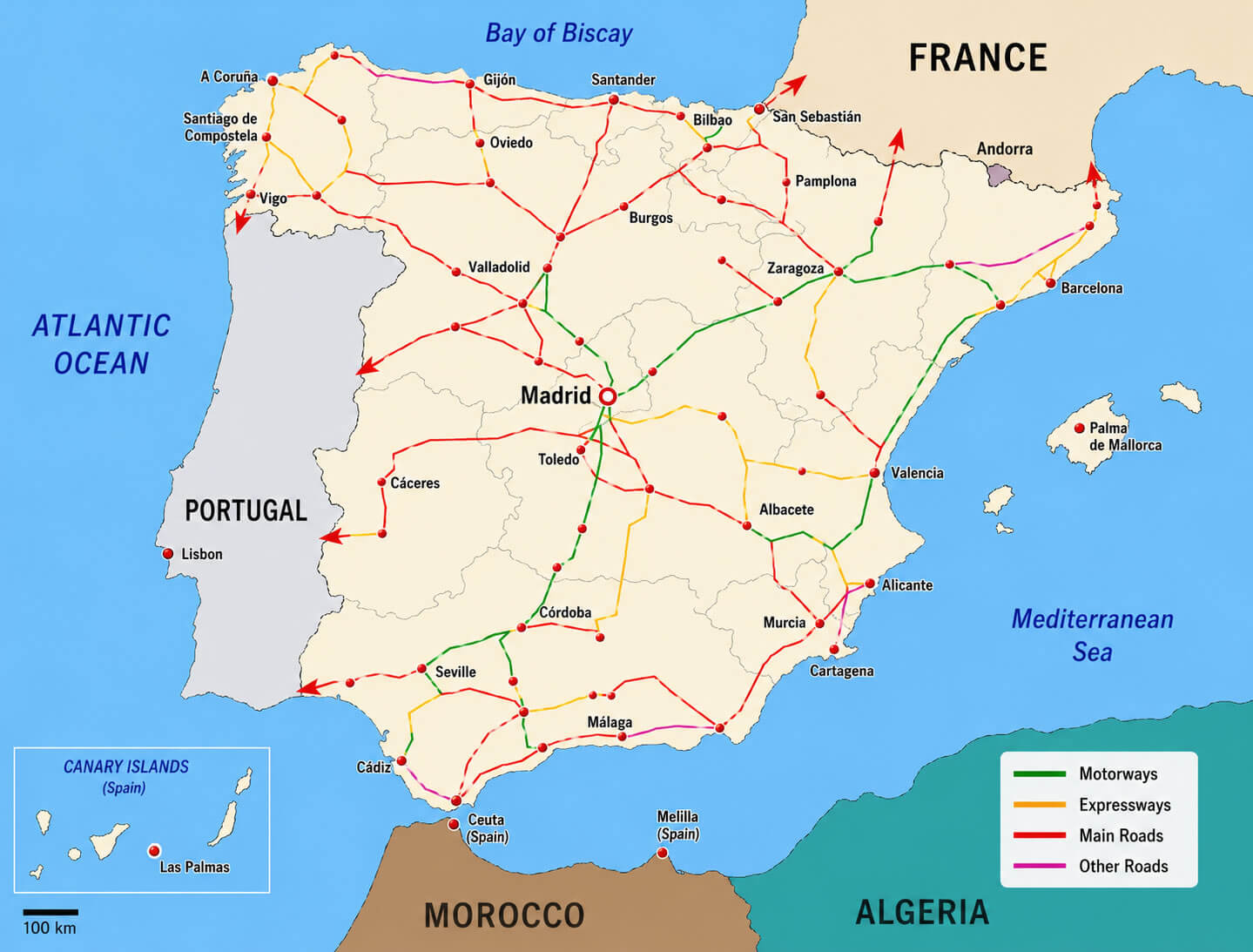 Spain highway map with largest cities