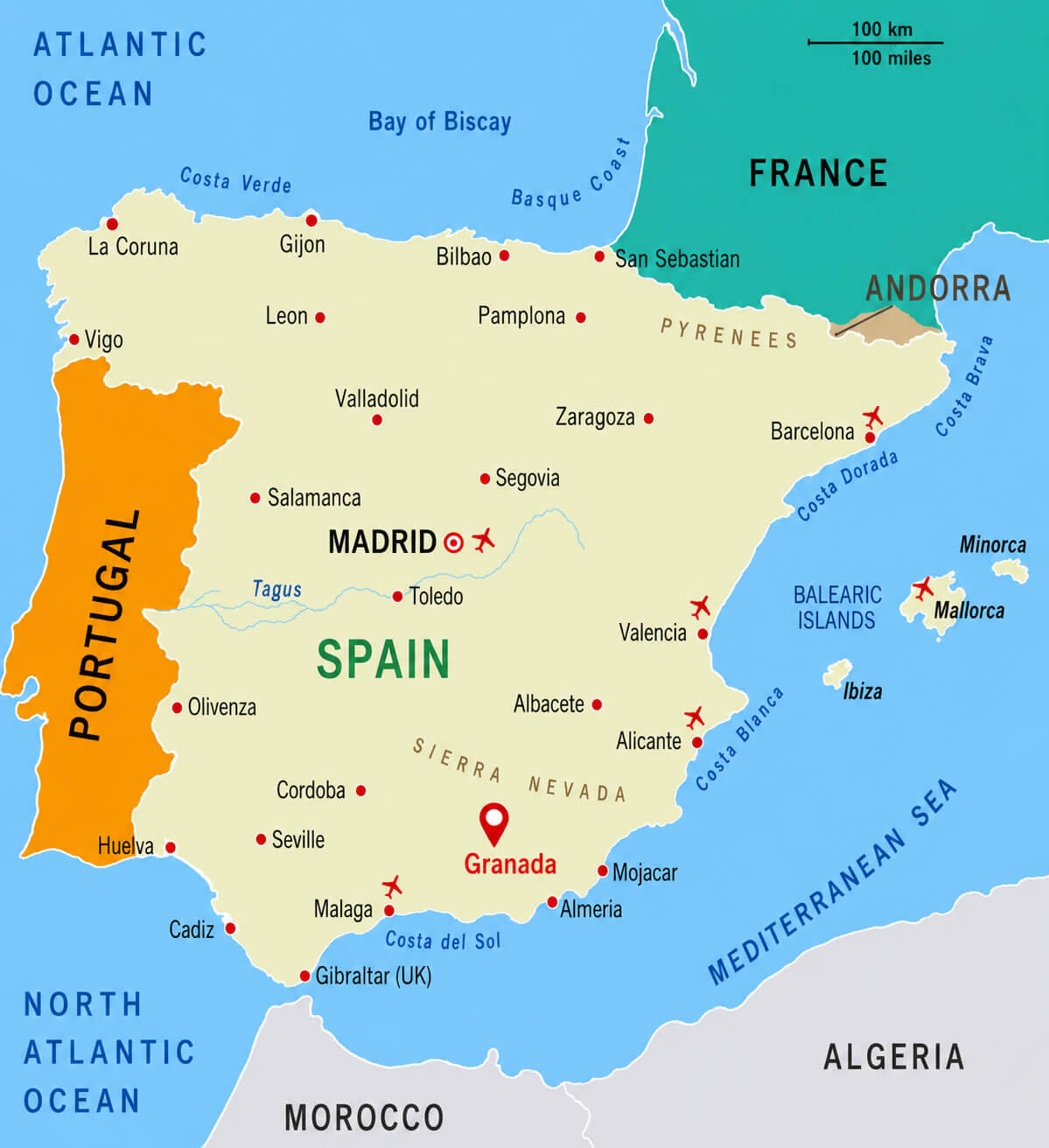 Granada location map Spain and Portugal