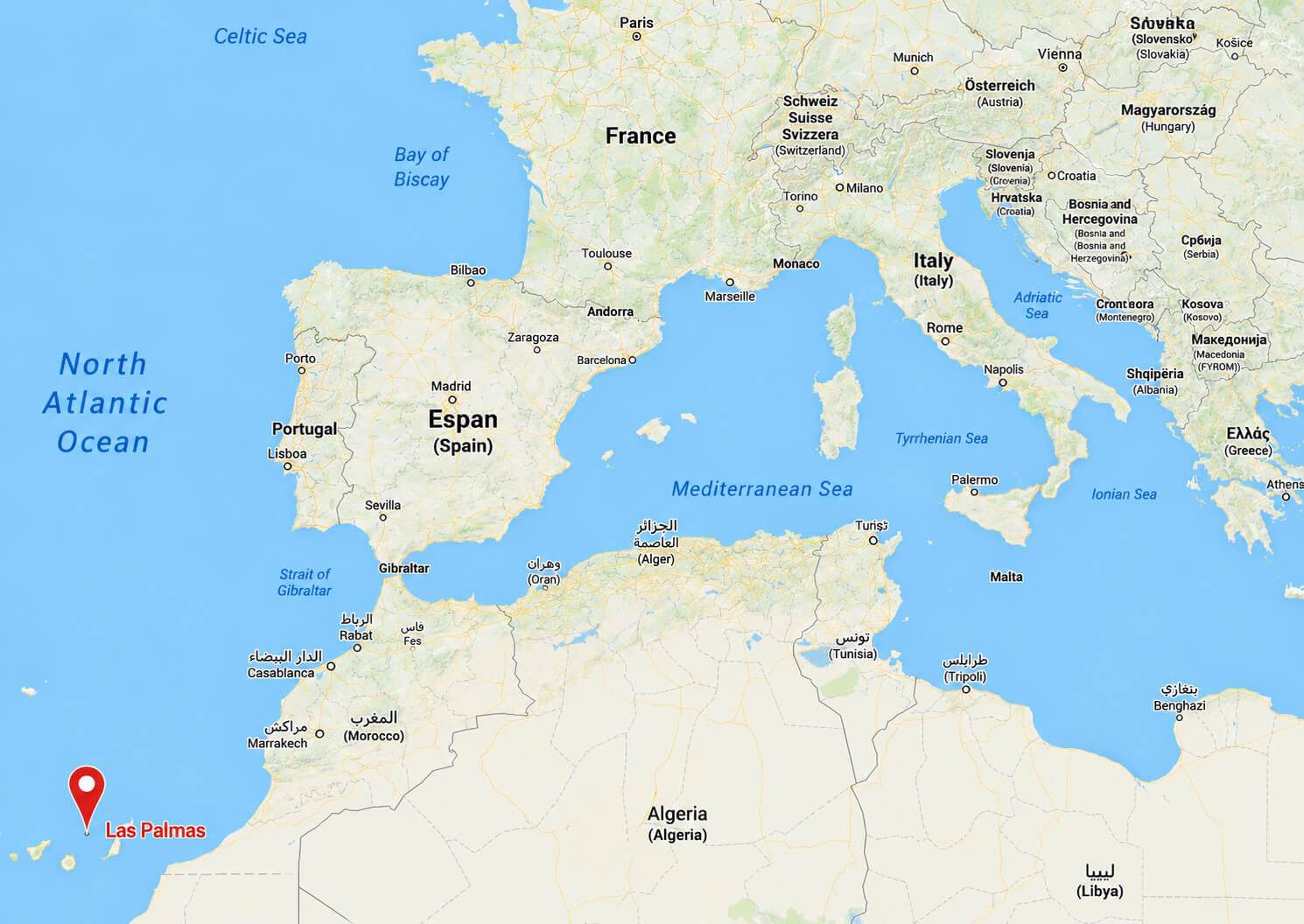 Las Palmas location in Europe political map