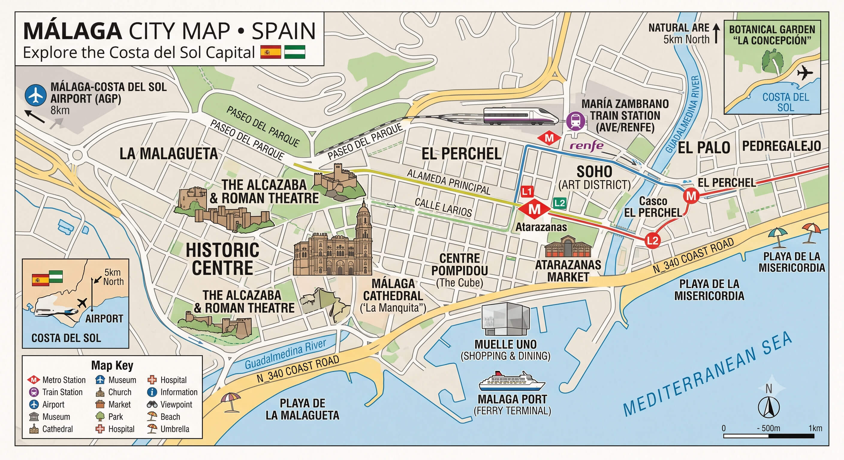 Malaga city map Spain