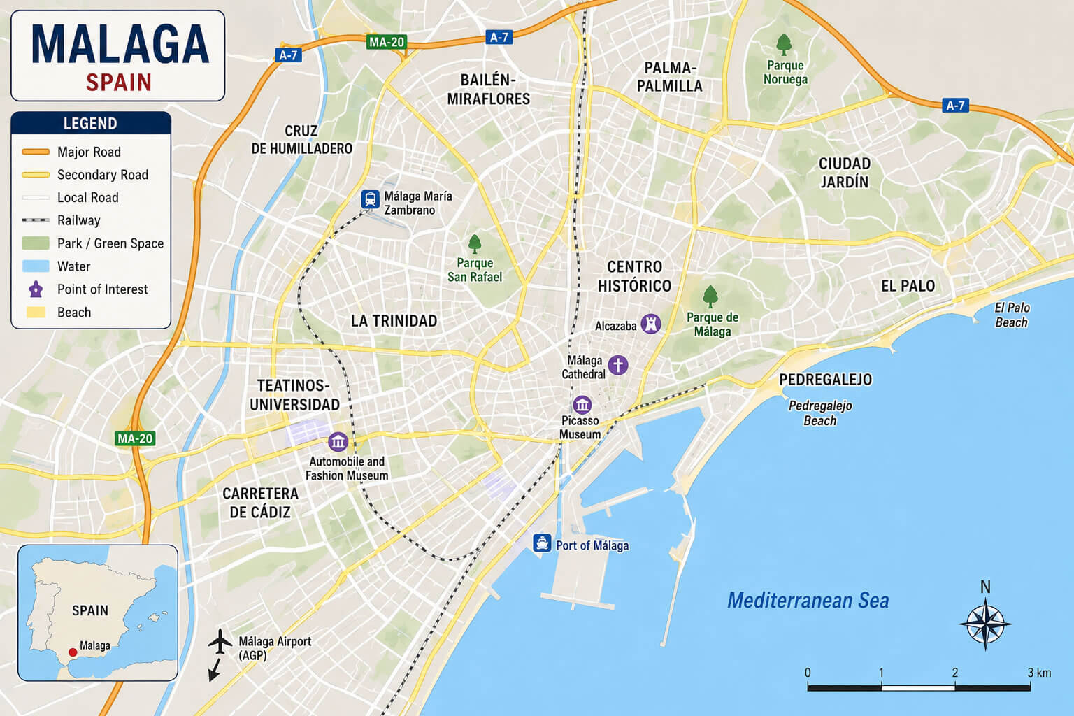 Malaga road railway map