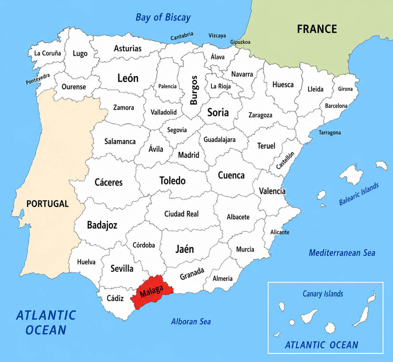 Spain political map with Malaga