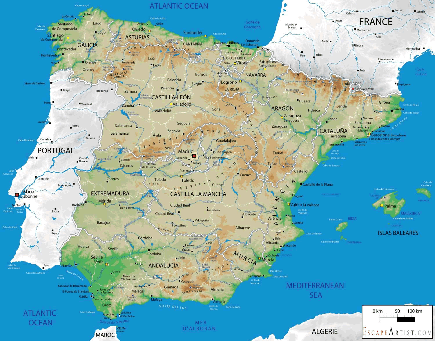 Physical map of Spain
