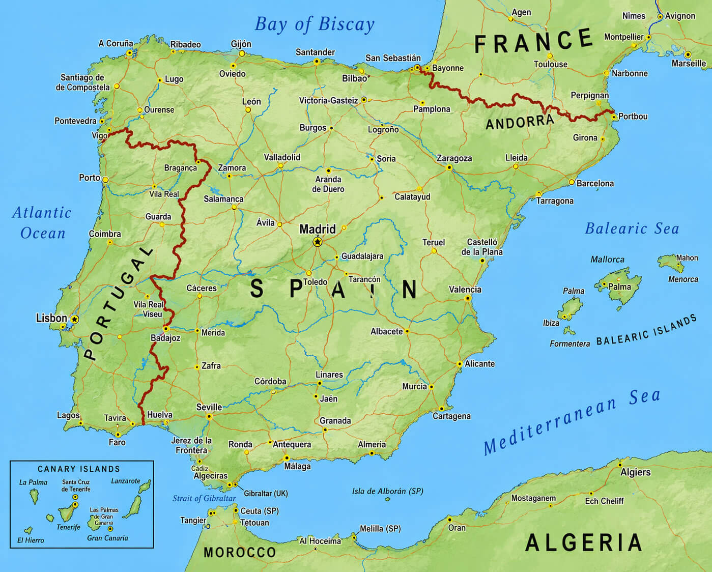 Spain geographical map with main roads
