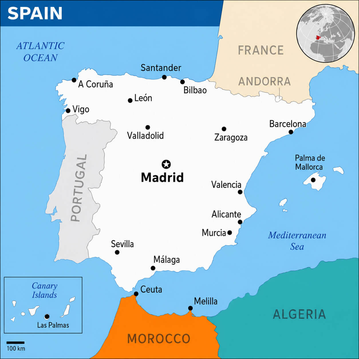 Spain location map with major cities