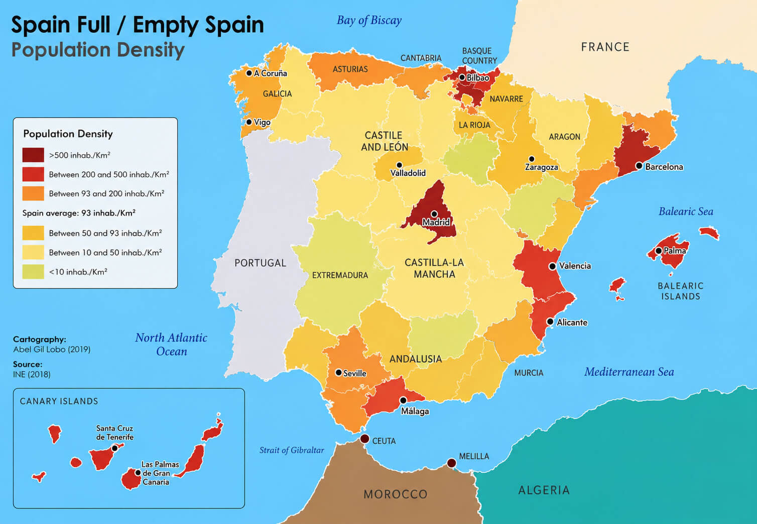 Population density map of Spain