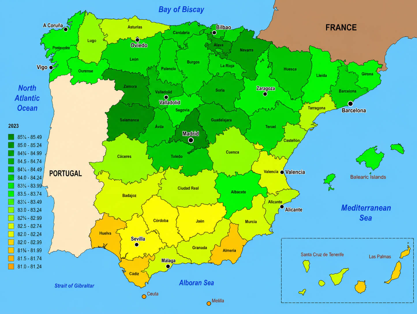 Spain life expectancy map 2023
