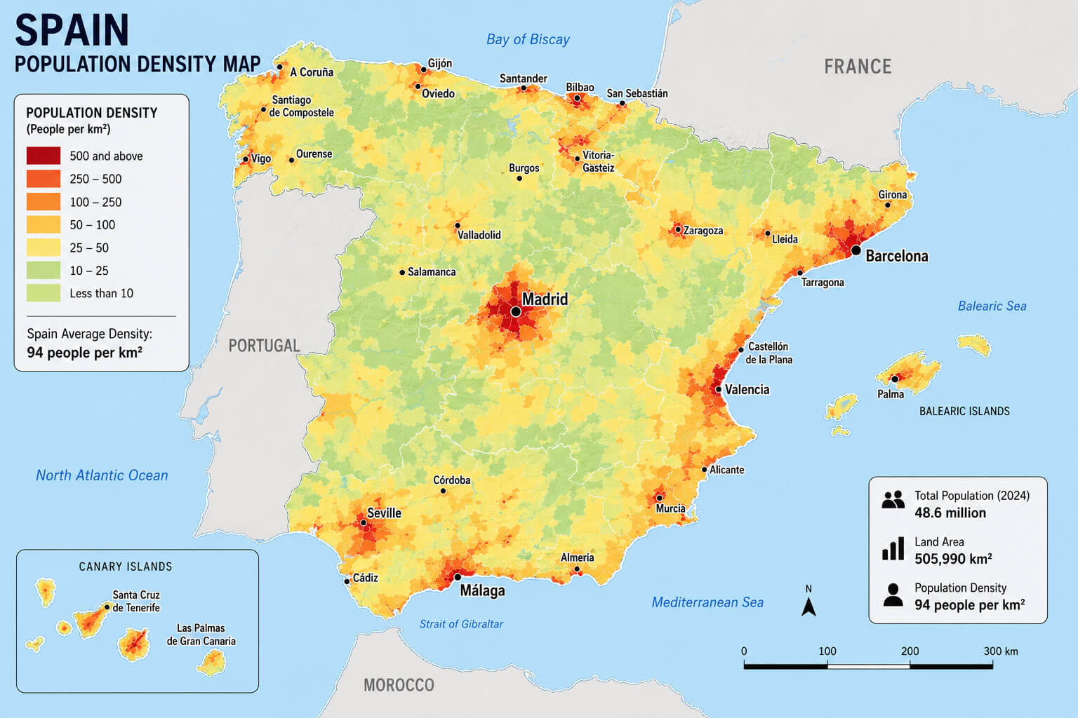 Spain population density heat map