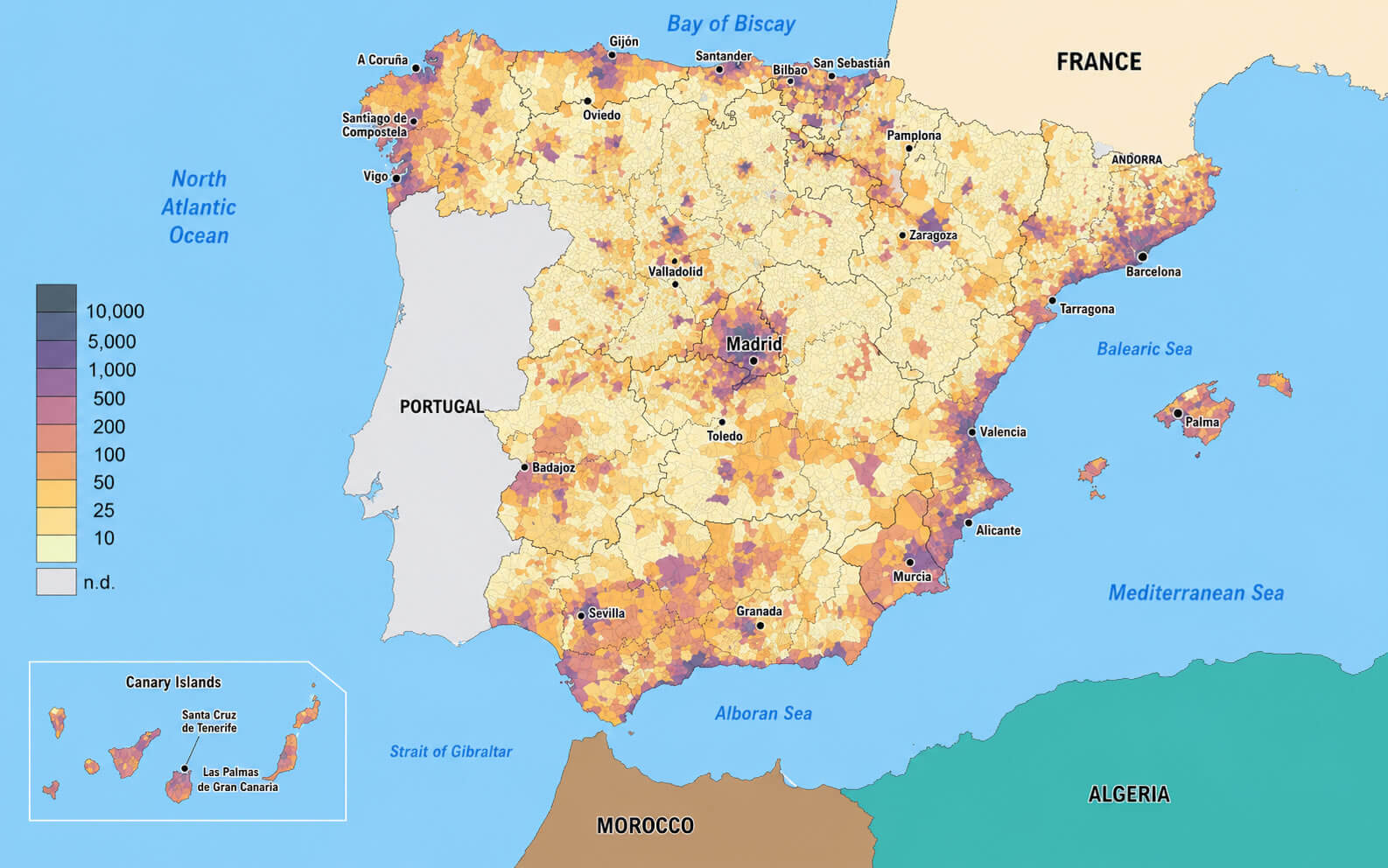 Spain population per square kilometer map