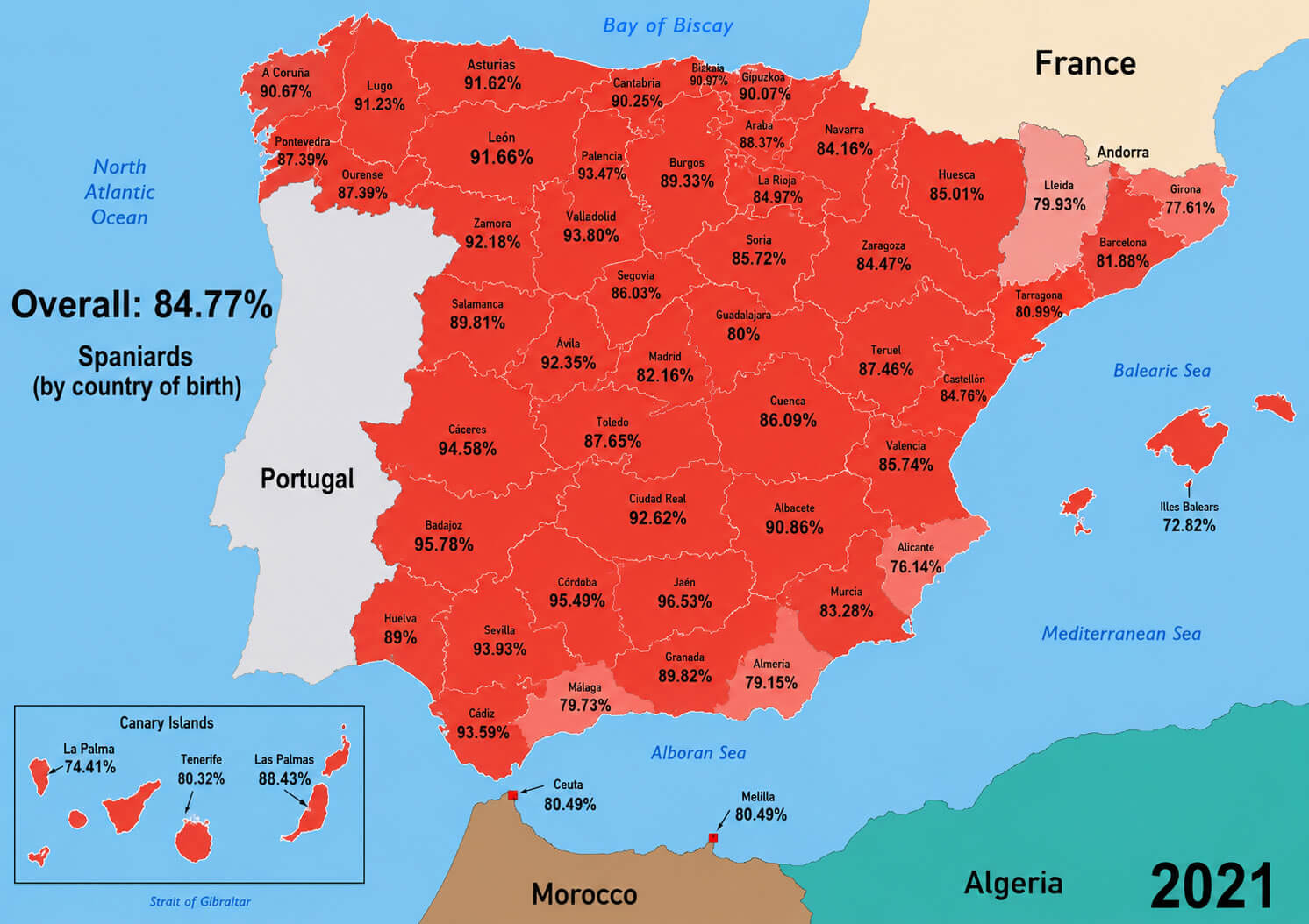 Spanish population by country of birth map 2021