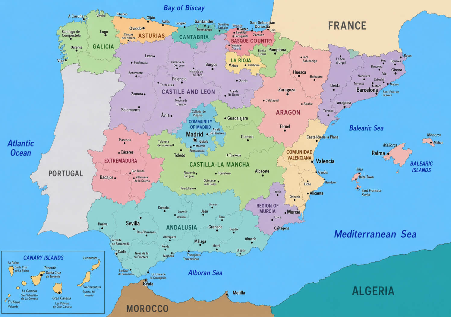 Administrative map of Spain with cities