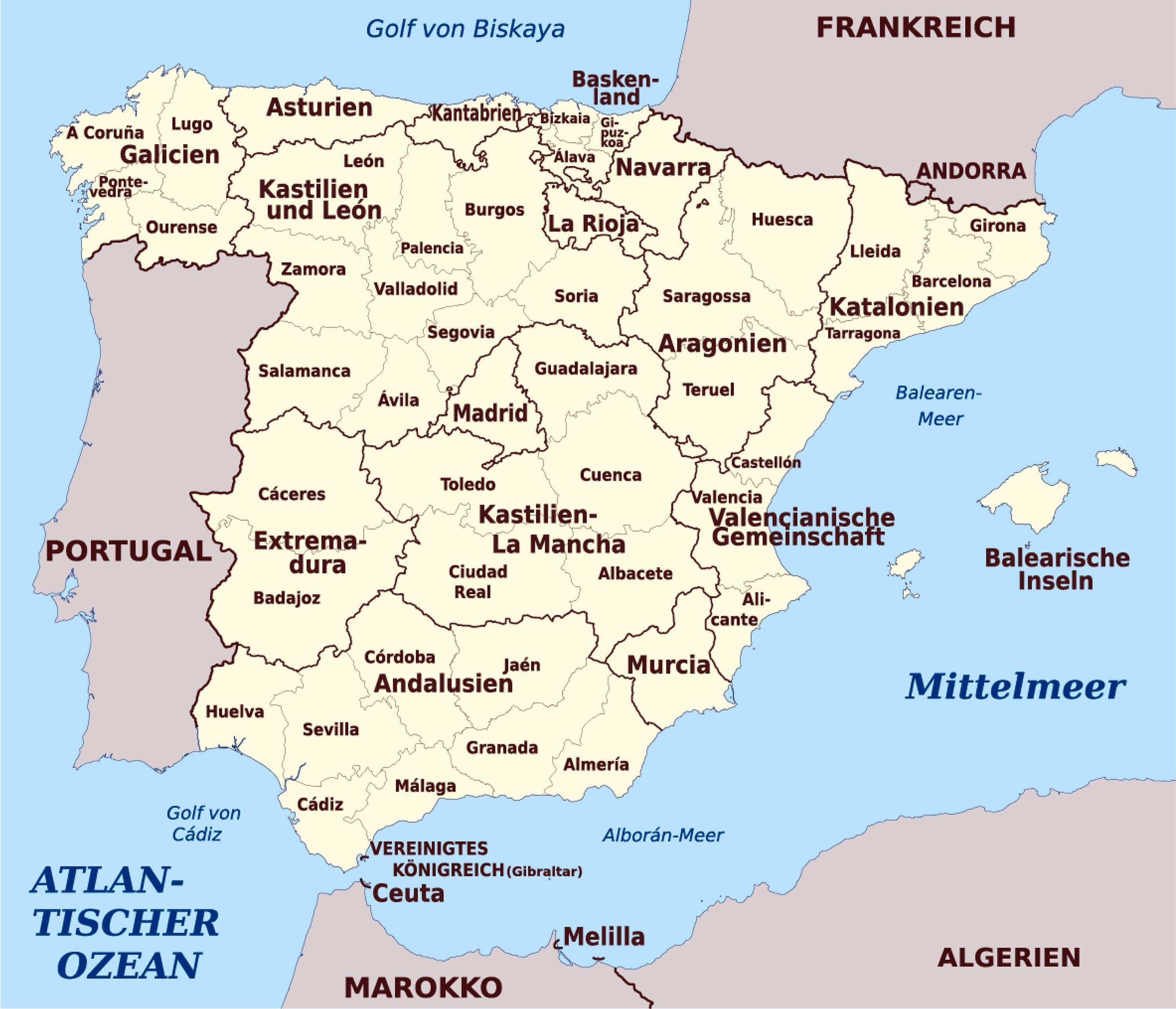 Spain cities map with regions