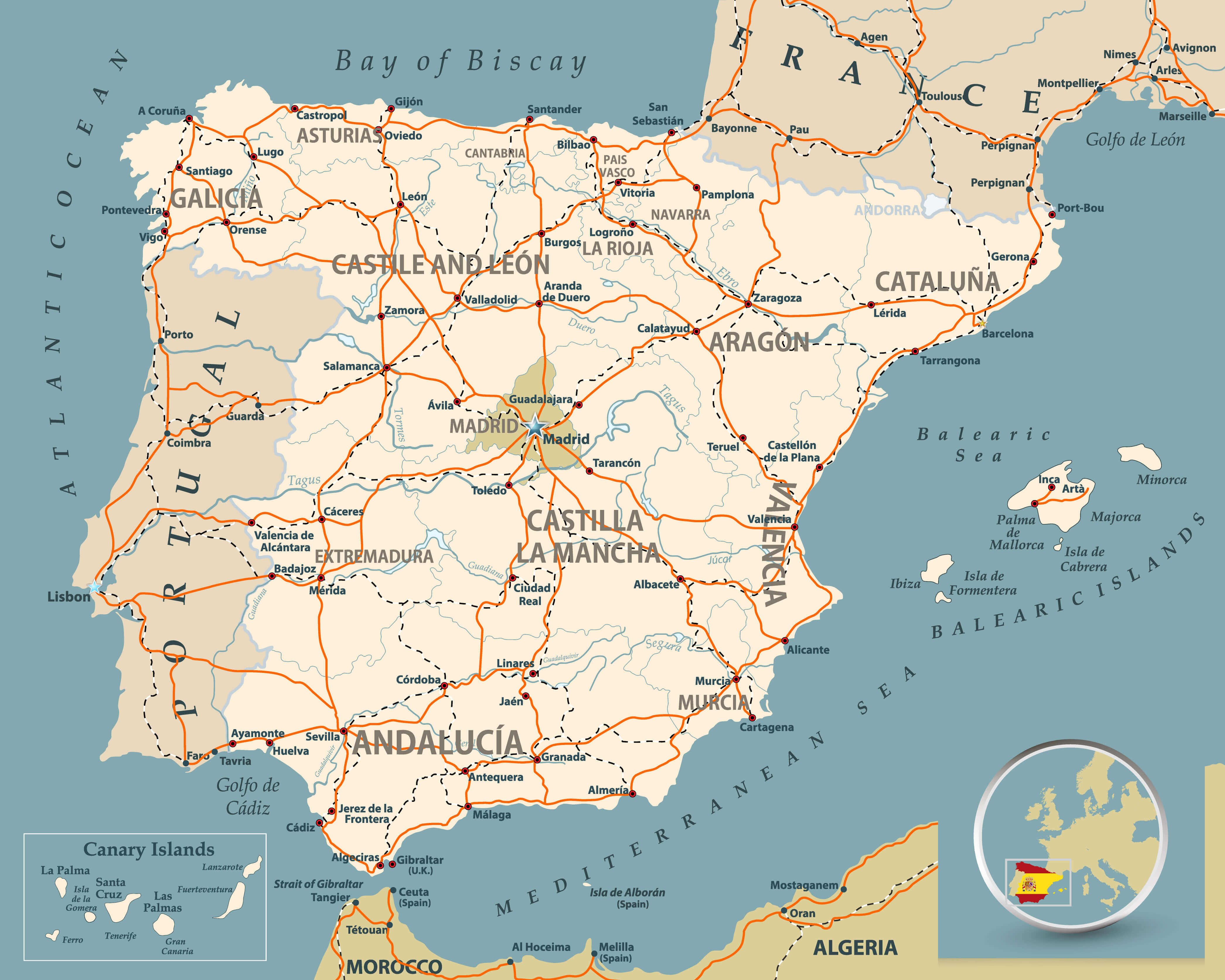 Spain road map with highways