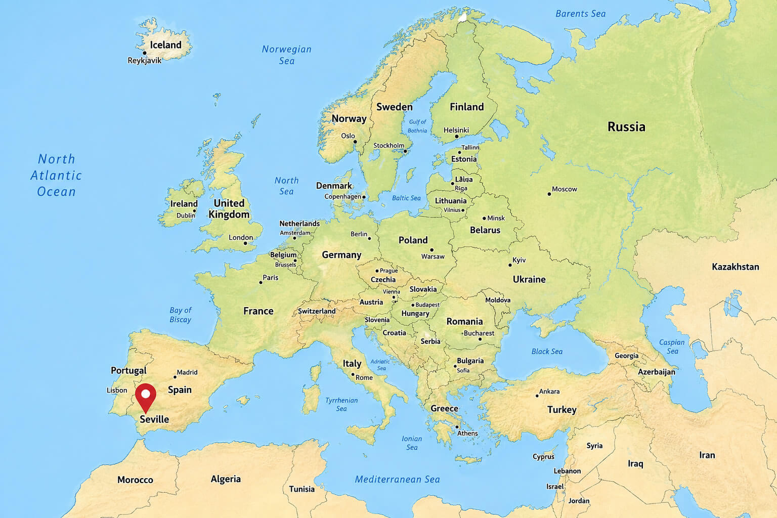 Seville location in Europe map
