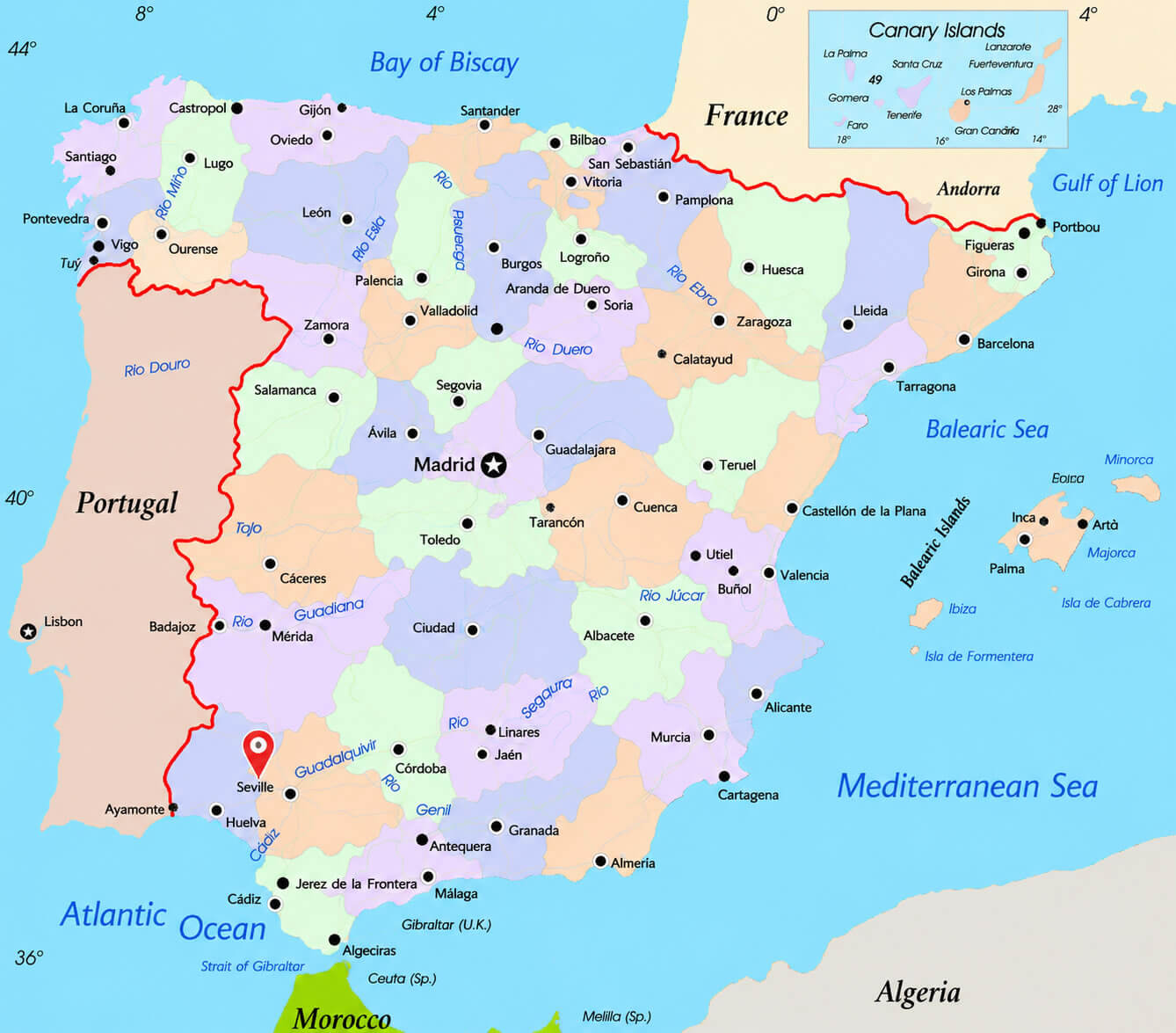 Spain political map with Sevilla