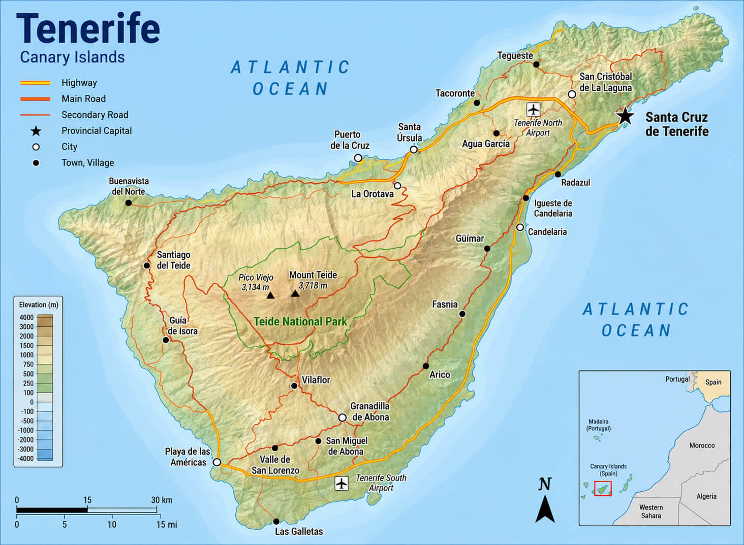 Tenerife physical map with roads