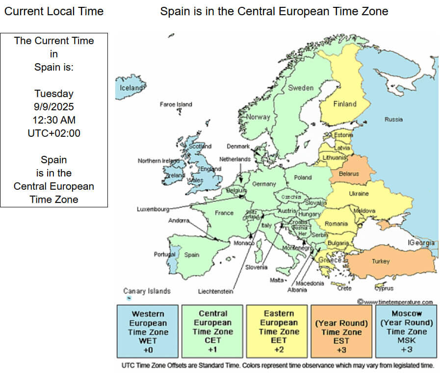 Spain Central European time zone map
