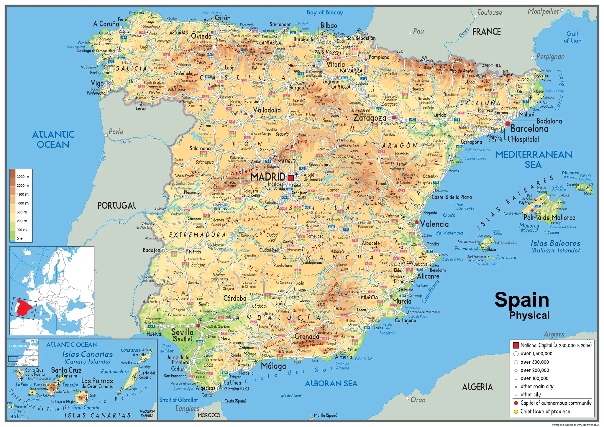 Spain time zone map with cities population