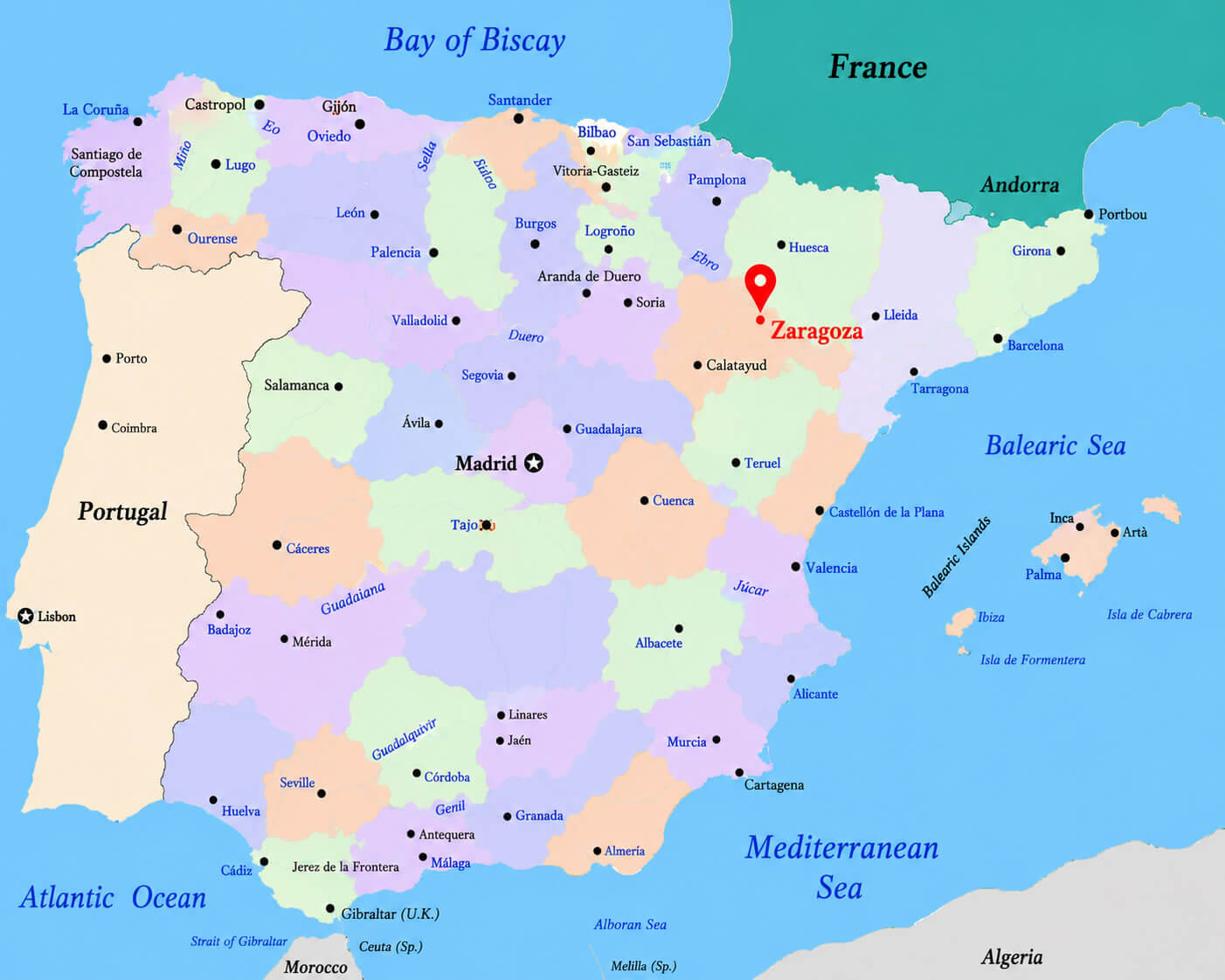 Spain provinces map with Zaragoza