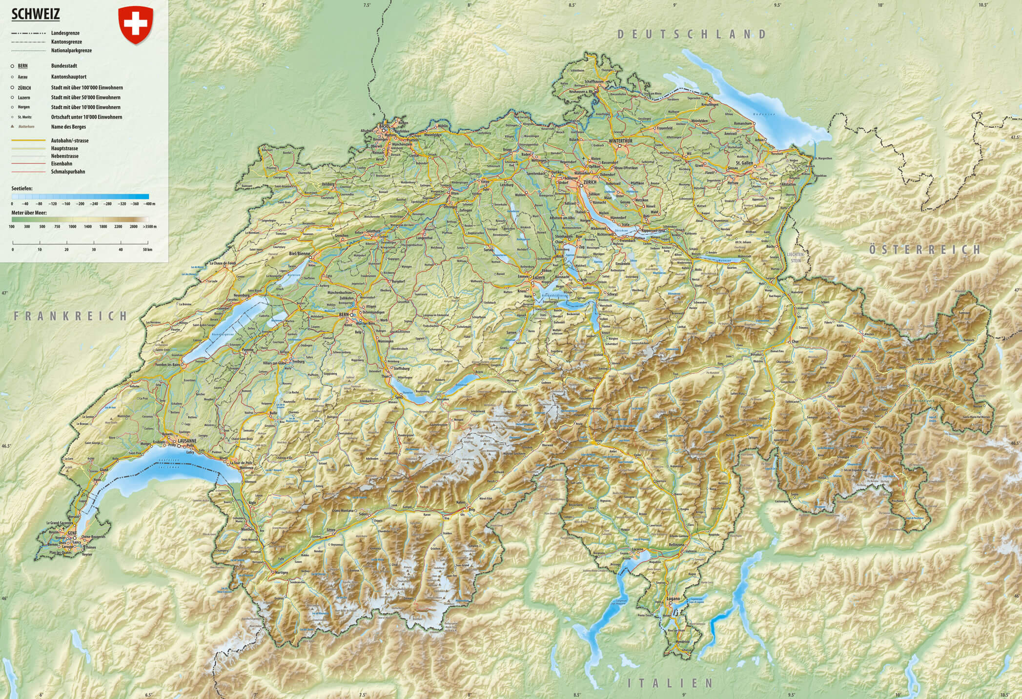 Cities physical map of wwitzerland in German