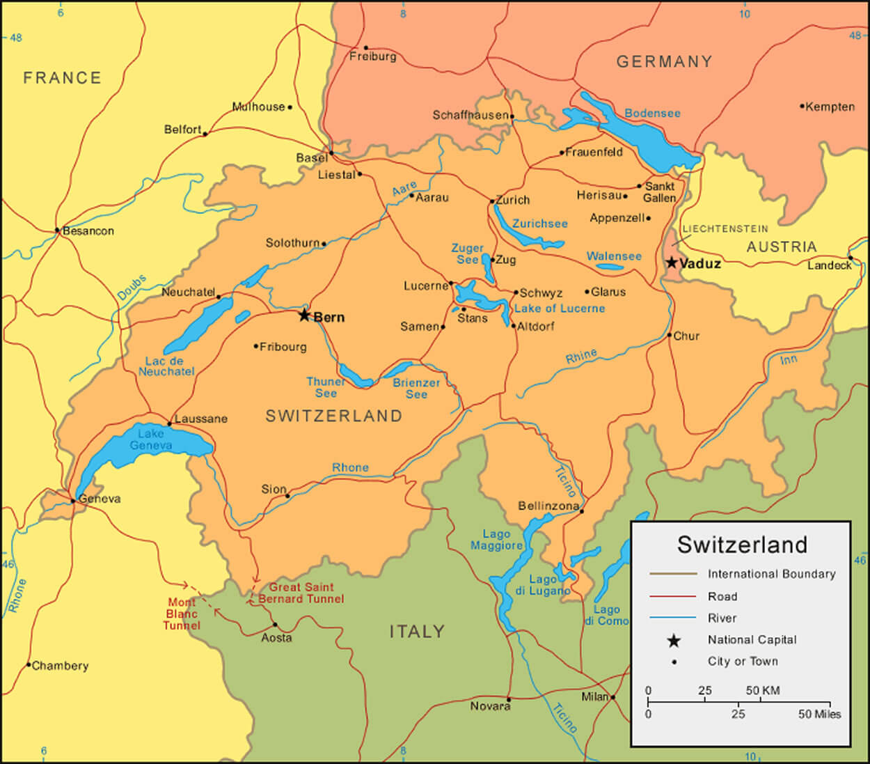 Map of Switzerland with cities