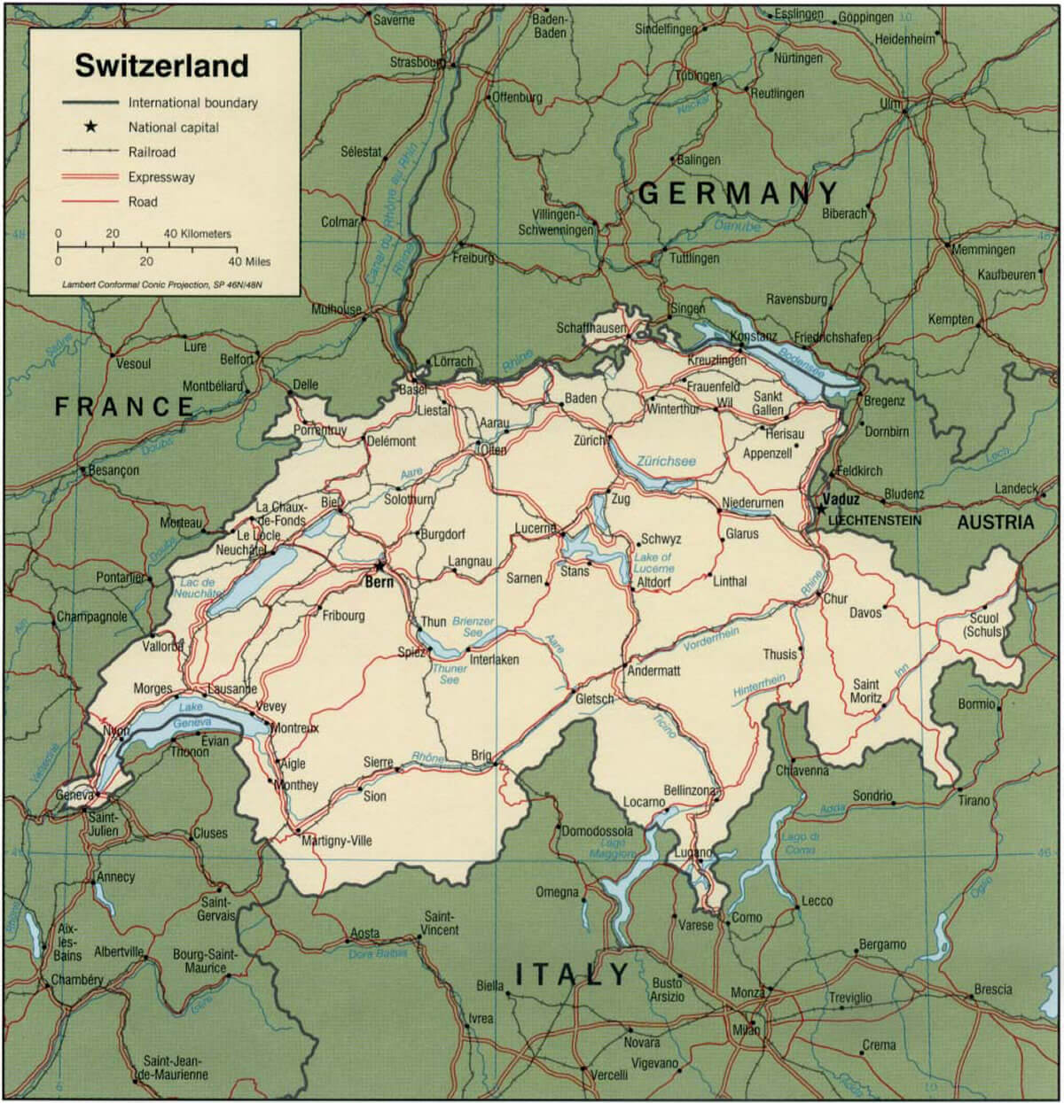 Road map of Switzerland with cities