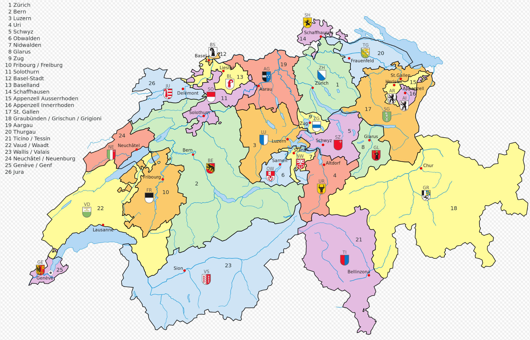 Swiss cantons map with cities