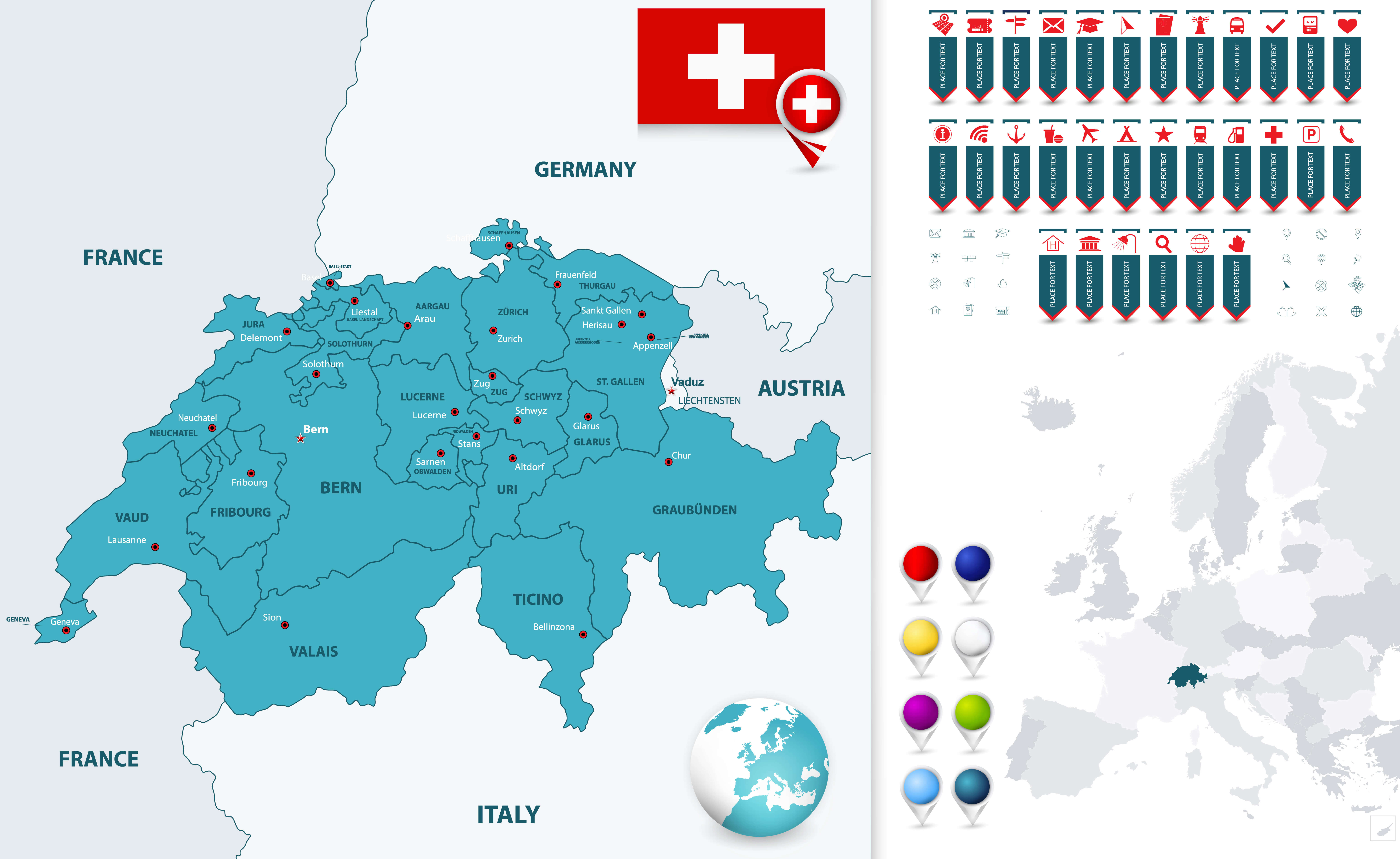 Switzerland cantons and cities map