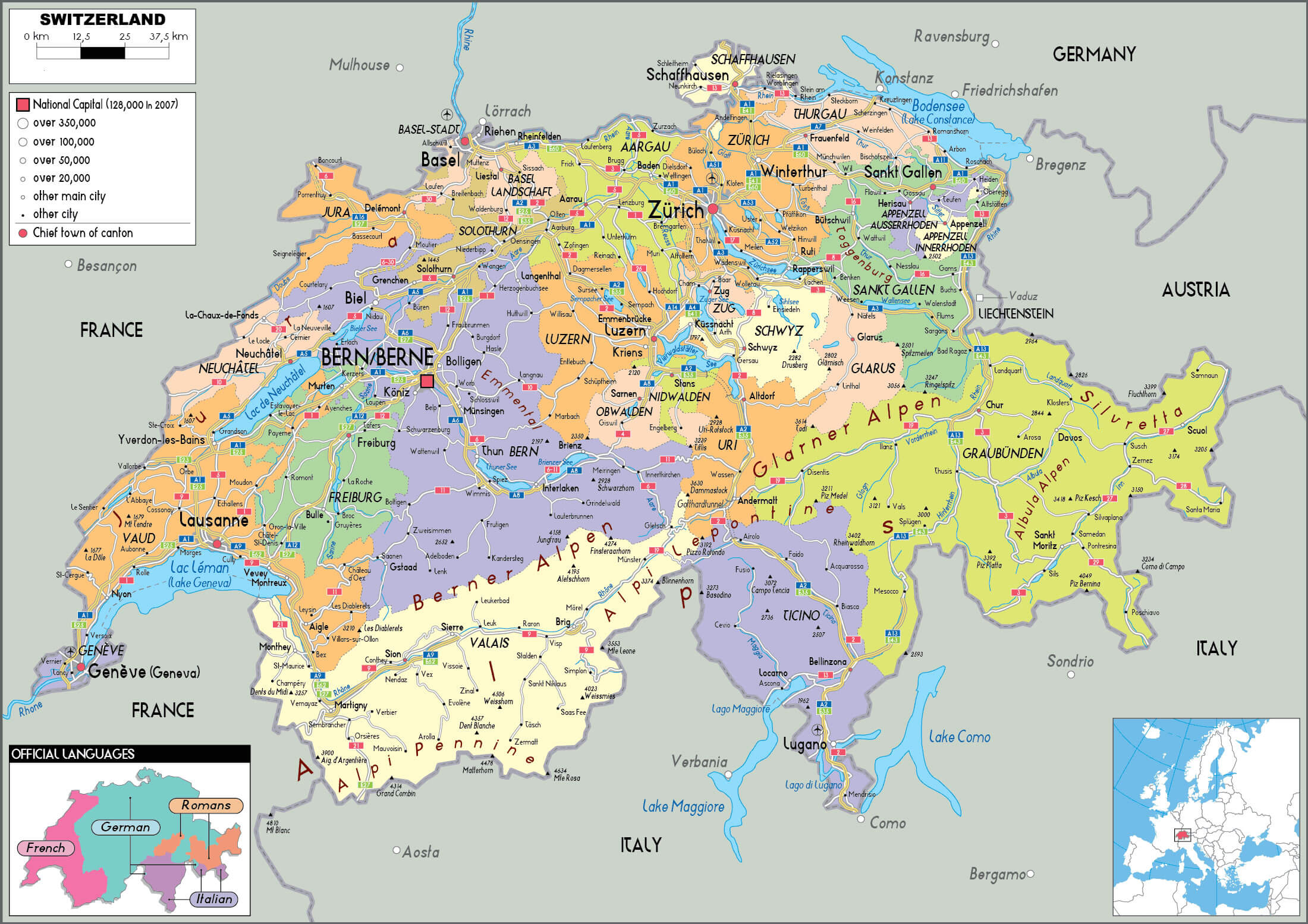 Switzerland cities and political map
