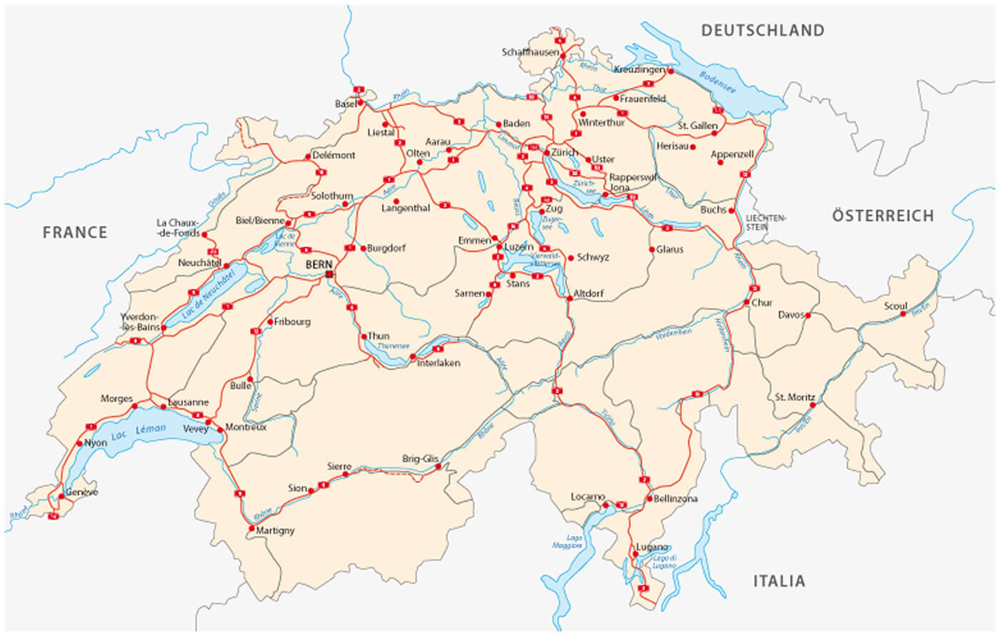 Switzerland cities and road map