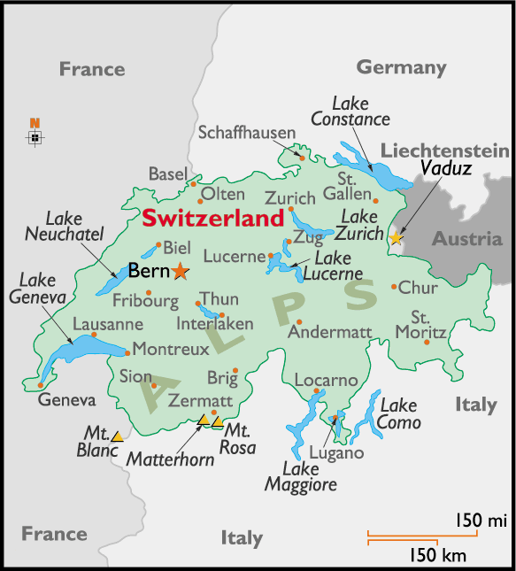 Switzerland cities map with lakes